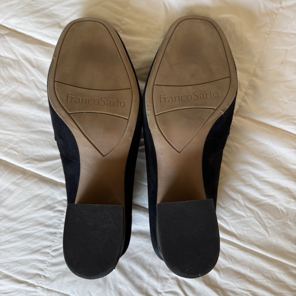 Franco Sarto Chunky Chain Suede Leather Loafers Sz 8.5 Black Block Heel Academia - Picture 7 of 10